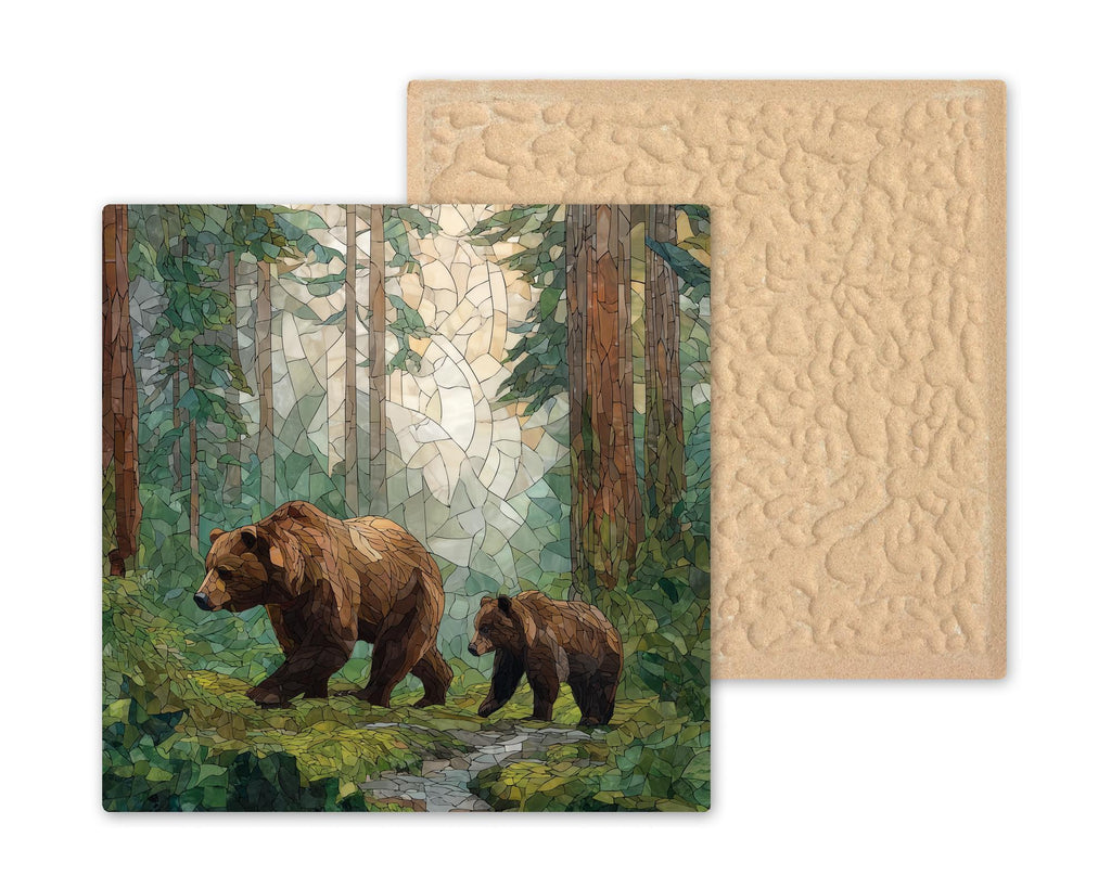 Bear Cub Wall Art Ceramic Tile Stained Glass Style Woodland Home Decor Mother Baby Animal Wildlife Nature