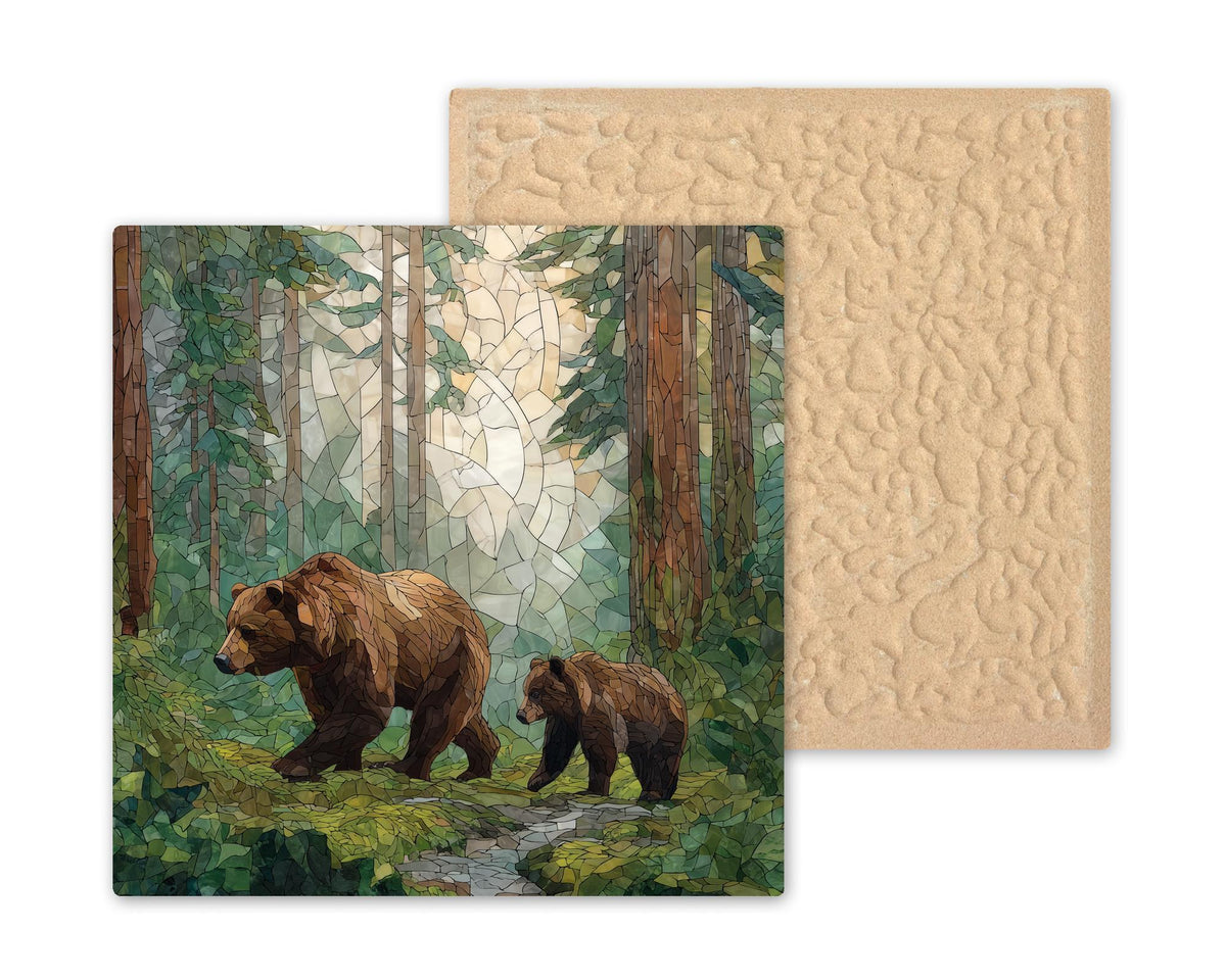 Bear Cub Wall Art Ceramic Tile Stained Glass Style Woodland Home Decor Mother Baby Animal Wildlife Nature