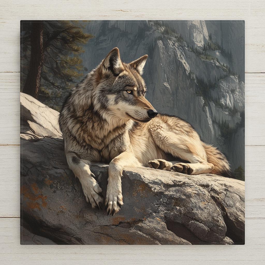 Audubon-inspired grey wolf ceramic tile featuring a resting wolf on a rock ledge. Ideal for rustic cabin or lodge décor and lovers of wildlife art.