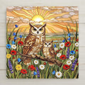 Stained glass style ceramic tile featuring a mother owl and owlet perched on a branch in a wildflower meadow at sunset. Golden sun rays fill the sky while poppies, daisies, lavender, and bluebells surround them. Owl wall art ceramic tile with rustic cabin decor and woodland home decor feel.