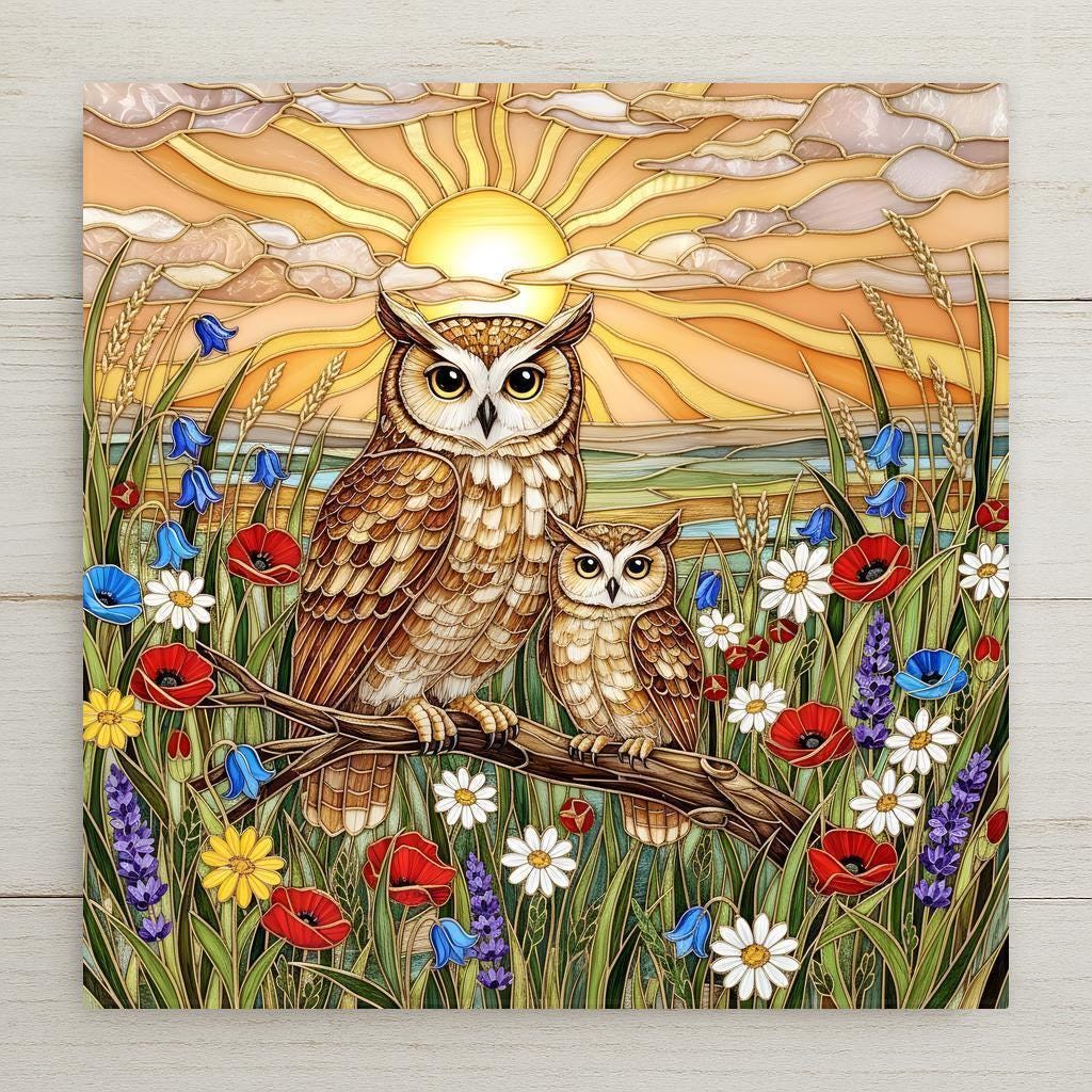 Stained glass style ceramic tile featuring a mother owl and owlet perched on a branch in a wildflower meadow at sunset. Golden sun rays fill the sky while poppies, daisies, lavender, and bluebells surround them. Owl wall art ceramic tile with rustic cabin decor and woodland home decor feel.