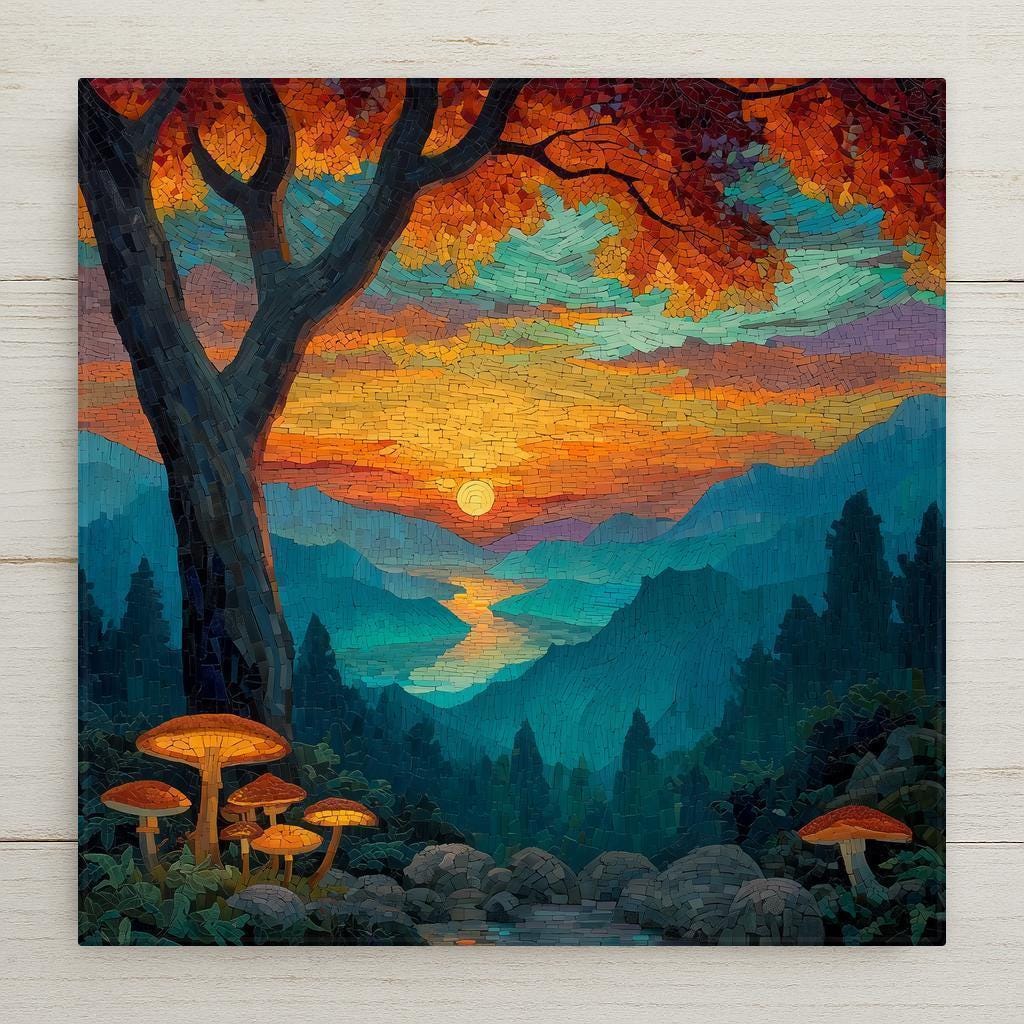 Blue Ridge Mountains stained glass-style ceramic tile wall art captures a glowing sunset with radiant colors and peaceful mountain layers. Perfect wall art and home decor accent. Includes optional tile wall hanger, easel stand, cork backing, or premium frame. (Printed artwork — not real stained glass or mosaic.)