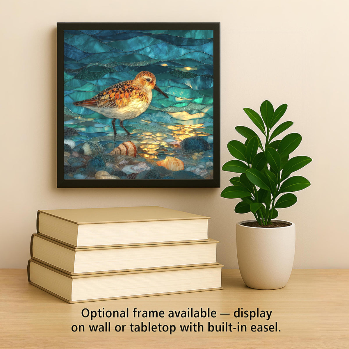Sandpiper Ceramic Art Tile – Stained Glass Style Coastal Shorebird Wall Decor, Beach House Birder Gift