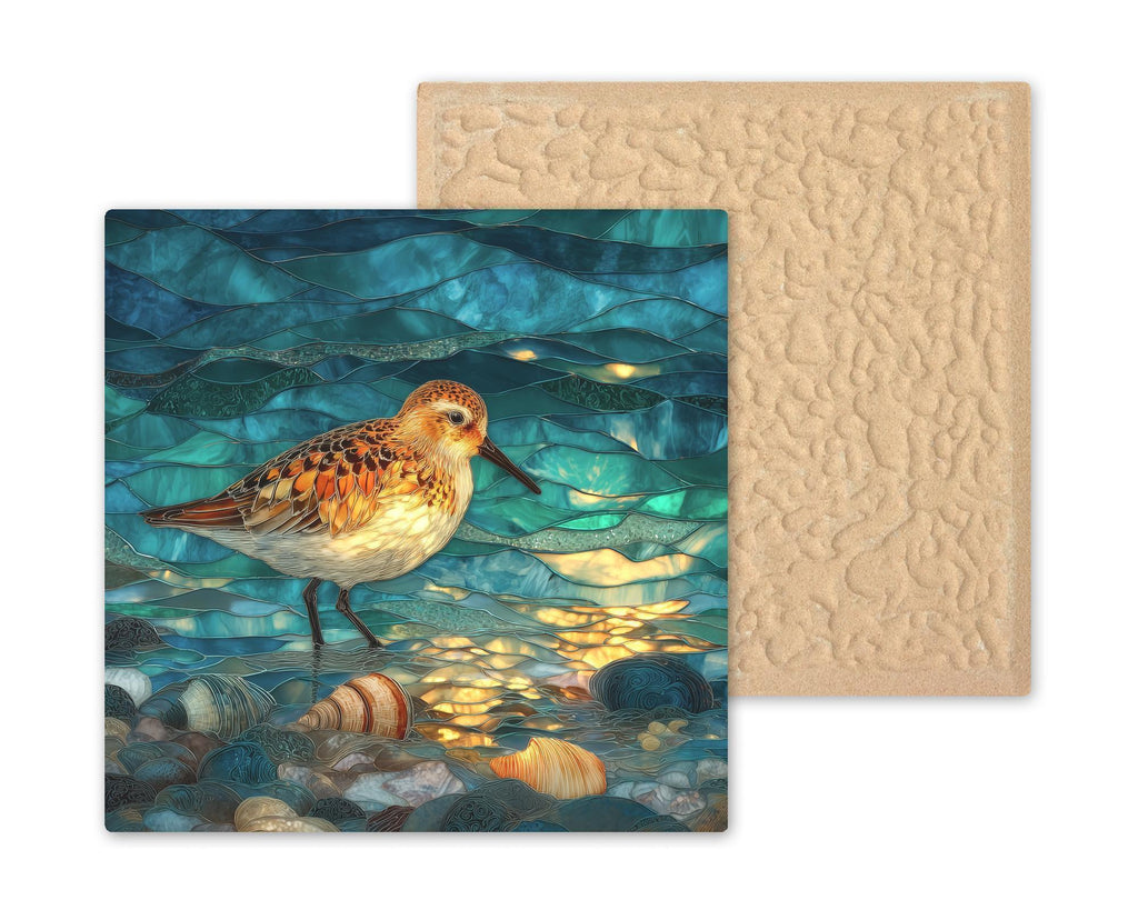Sandpiper Ceramic Art Tile – Stained Glass Style Coastal Shorebird Wall Decor, Beach House Birder Gift