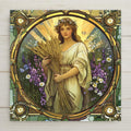 Beautiful Virgo zodiac tile in Art Nouveau stained glass style. Features a serene Virgo maiden with wheat and wildflowers. Perfect gift for astrology lovers or Virgo birthdays. Makes stunning wall art or sacred décor.