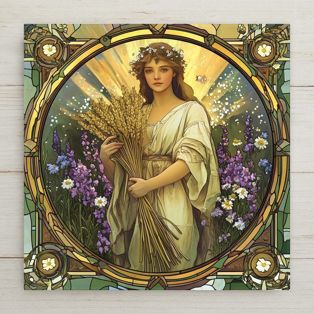 Beautiful Virgo zodiac tile in Art Nouveau stained glass style. Features a serene Virgo maiden with wheat and wildflowers. Perfect gift for astrology lovers or Virgo birthdays. Makes stunning wall art or sacred décor.