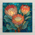 Protea flower trio wall art ceramic tile featuring three coral protea blooms with golden linework and teal botanical background in stained glass style floral home decor.