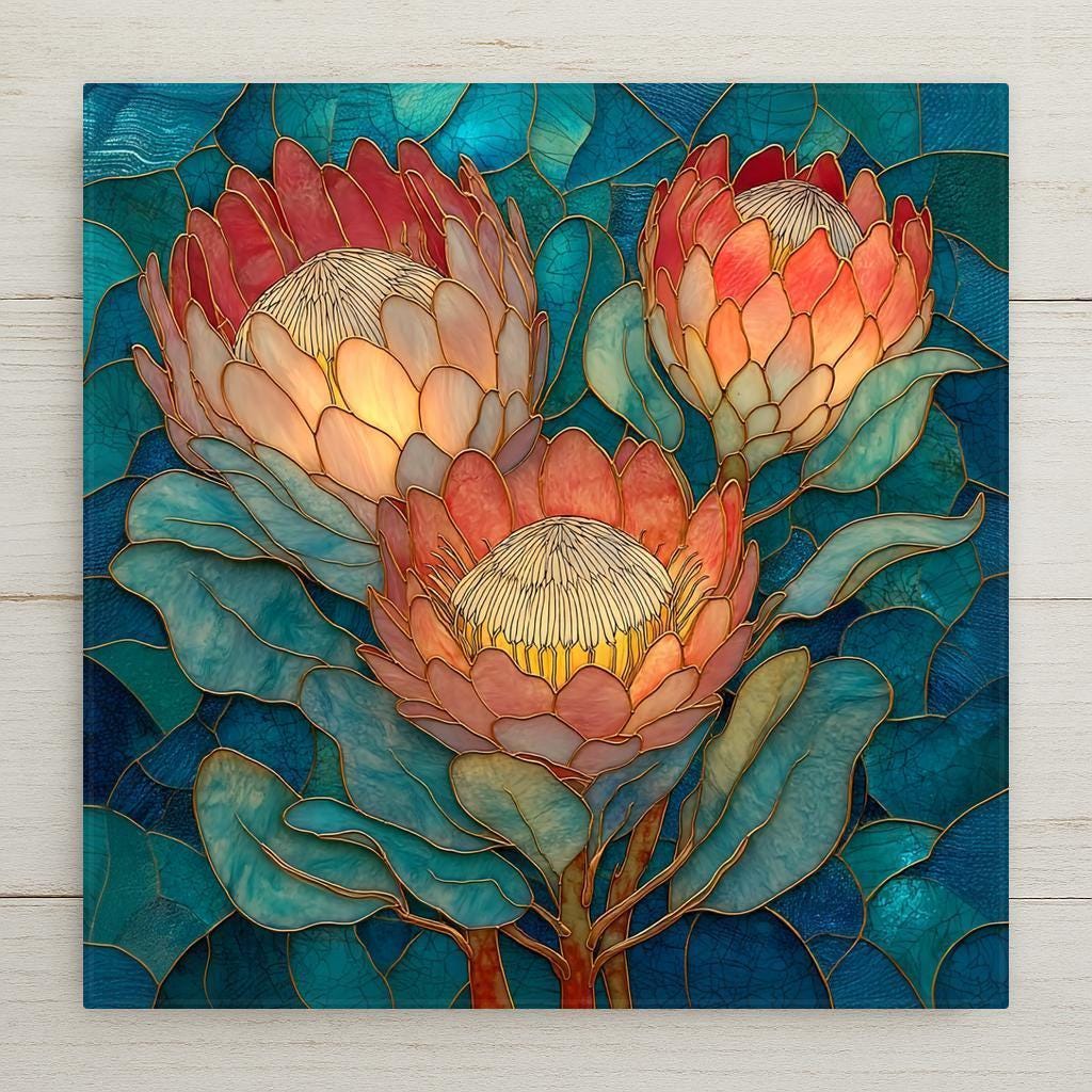Protea flower trio wall art ceramic tile featuring three coral protea blooms with golden linework and teal botanical background in stained glass style floral home decor.