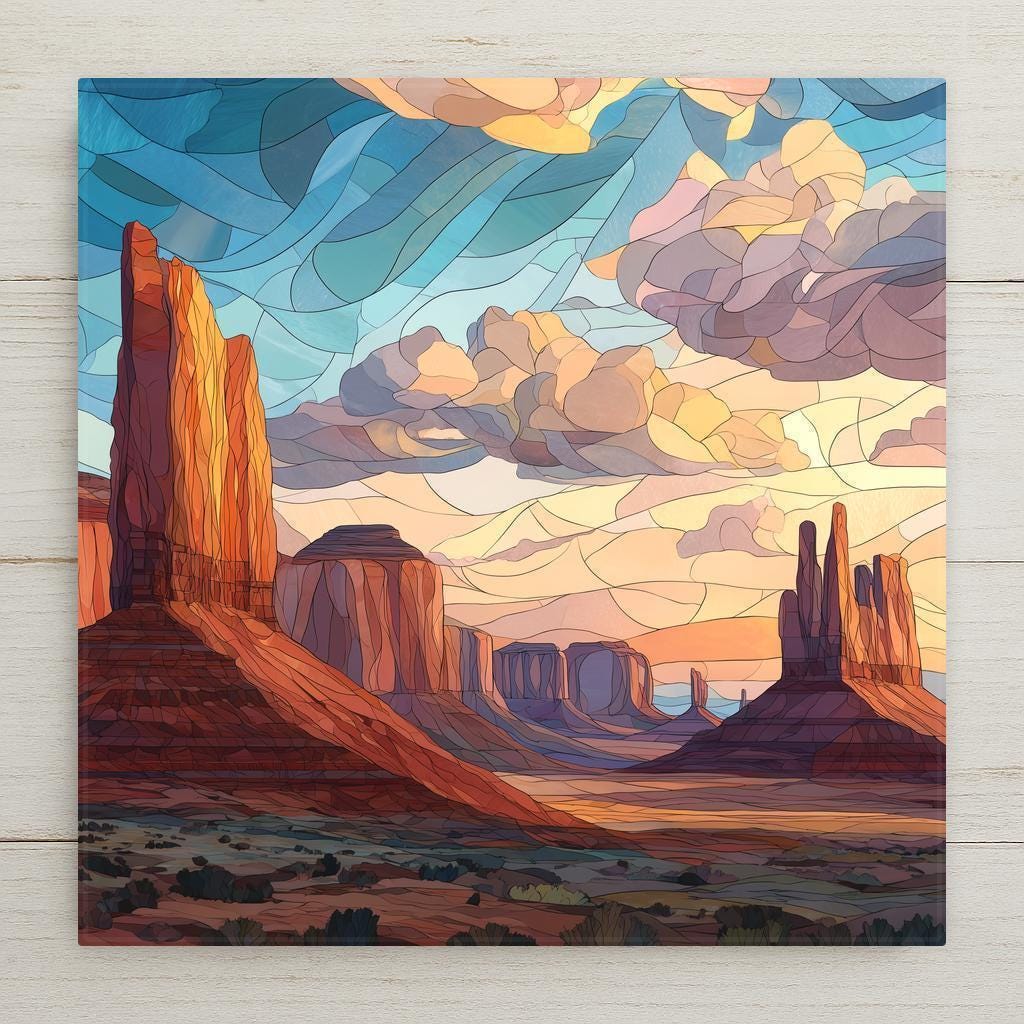 Mosaic-style ceramic tile artwork of Monument Valley featuring iconic red rock buttes, desert landscape, and a glowing Southwest sky inspired by Utah and Arizona scenery.