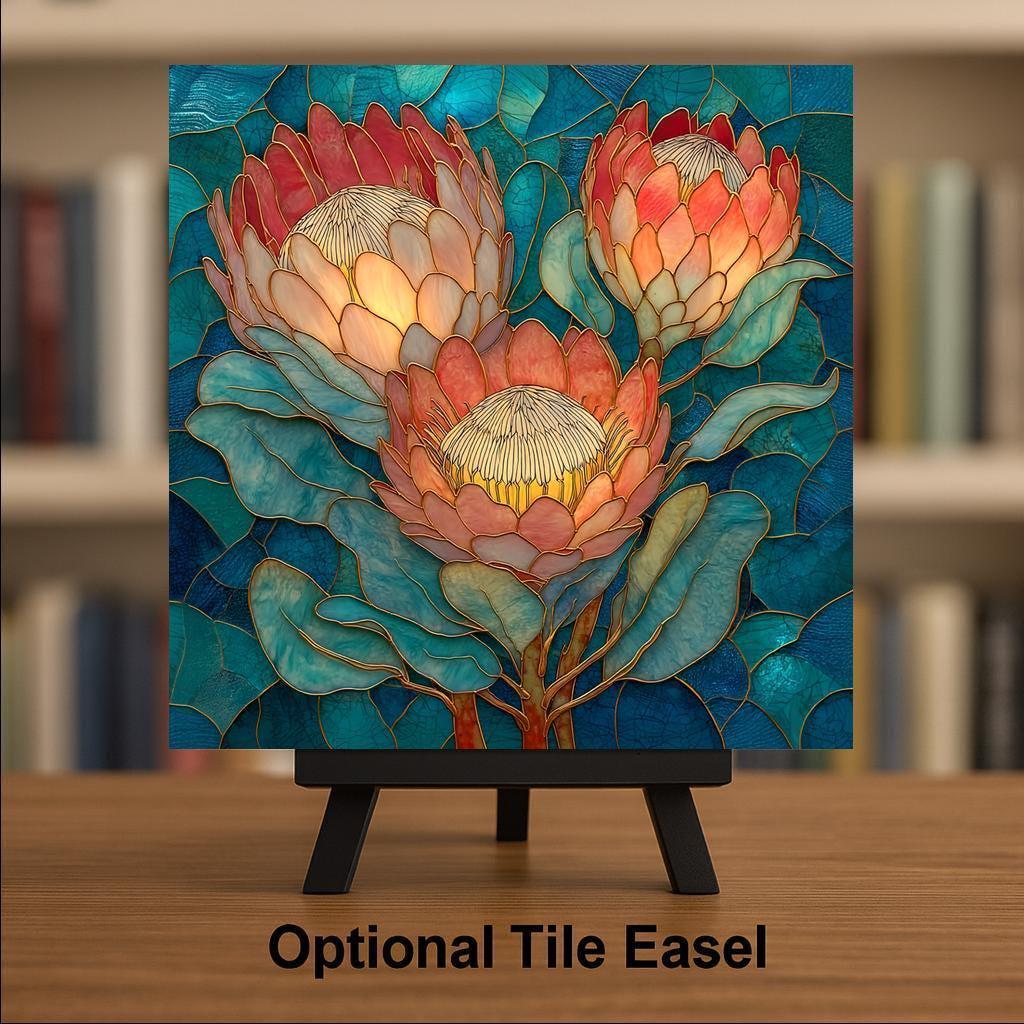 Protea Flower Trio Wall Art Ceramic Tile – Botanical Floral Wall Decor – Stained Glass Style Protea Home Decor – Tropical Nature Art Tile