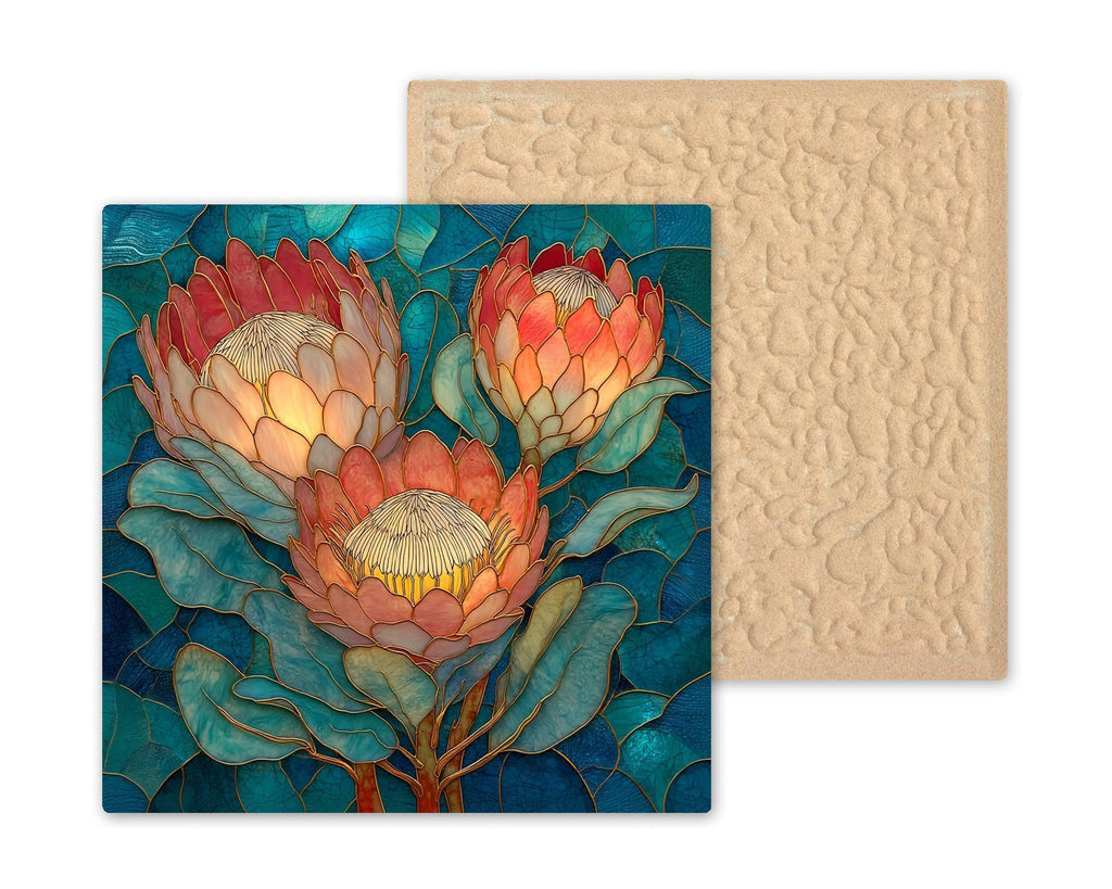 Protea Flower Trio Wall Art Ceramic Tile – Botanical Floral Wall Decor – Stained Glass Style Protea Home Decor – Tropical Nature Art Tile