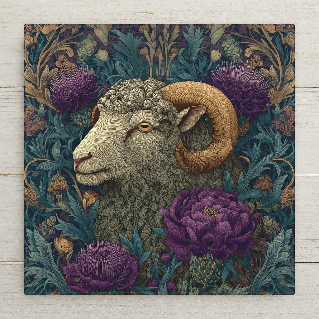 Highland sheep ram portrait with curled horns surrounded by purple thistles and ornate botanical patterns in rich jewel tones.