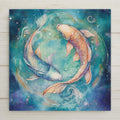 Watercolor style ceramic art tile of two Pisces koi fish swimming in a circle in cosmic teal and blue water with gold flecks, celestial zodiac astrology wall decor.