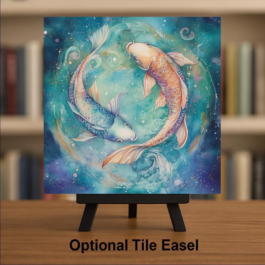 Pisces Zodiac Koi Fish Ceramic Art Tile – Celestial Watercolor Astrology Wall Decor, Water Sign Birthday Accent