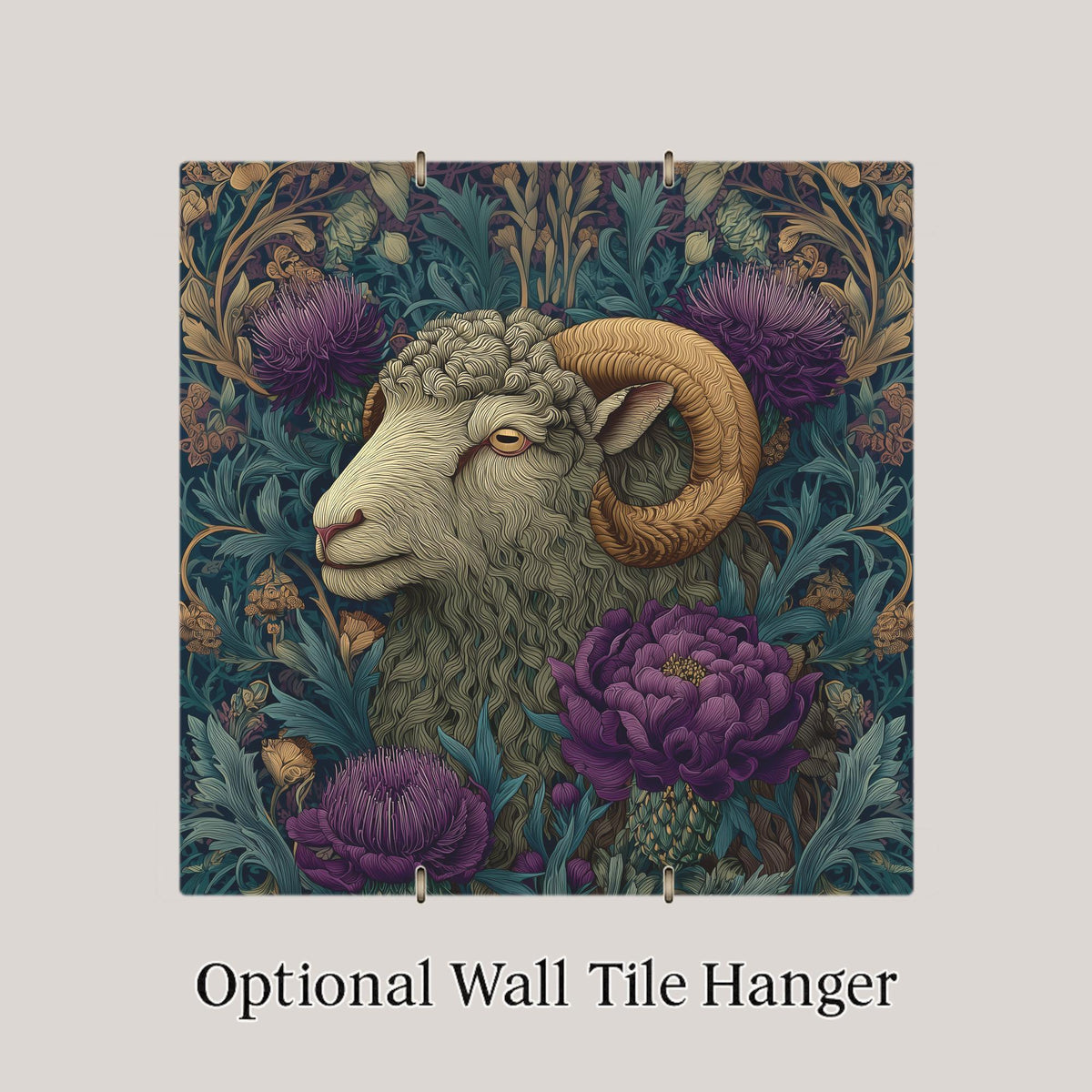 Highland Sheep Wall Art Ceramic Tile – Scottish Ram Rustic Farmhouse Decor, Thistle Botanical Wall Decor, Cottagecore Home Decor