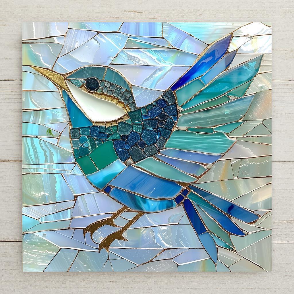 Sea glass mosaic style ceramic art tile of a bird made from pieces of turquoise, teal, and blue glass on a pearlescent background — a coastal sea glass and beach wall decor.