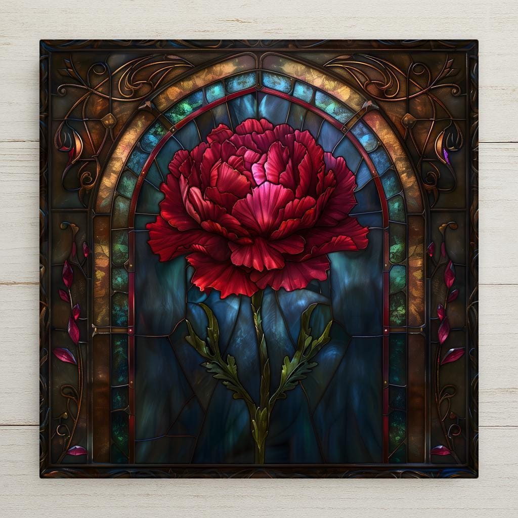 Deep red carnation in stained glass style framed by ornate gothic arch with dark teal background.