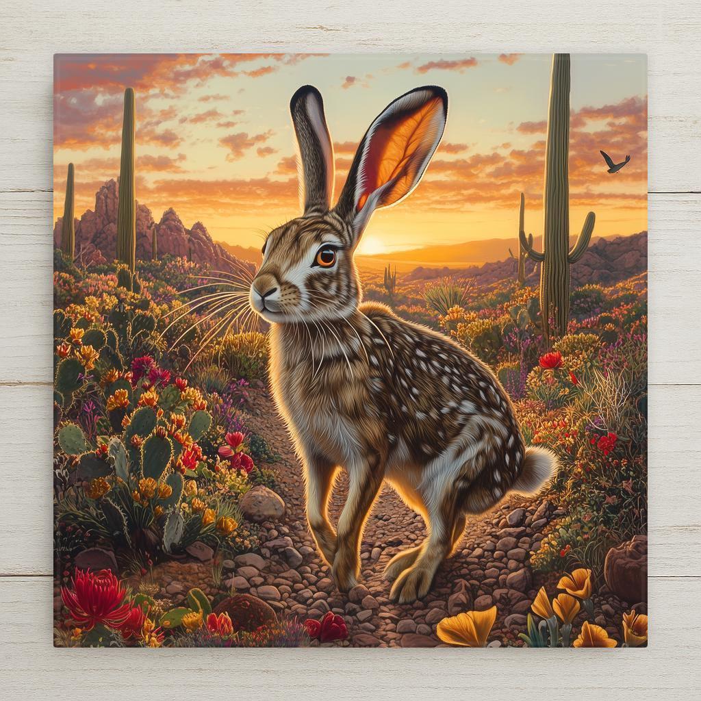 Stained glass style desert jackrabbit ceramic tile in warm terracotta gold and teal tones, long ears alert against a Sonoran desert landscape with cactus and warm desert sky.