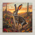 Stained glass style desert jackrabbit ceramic tile in warm terracotta gold and teal tones, long ears alert against a Sonoran desert landscape with cactus and warm desert sky.