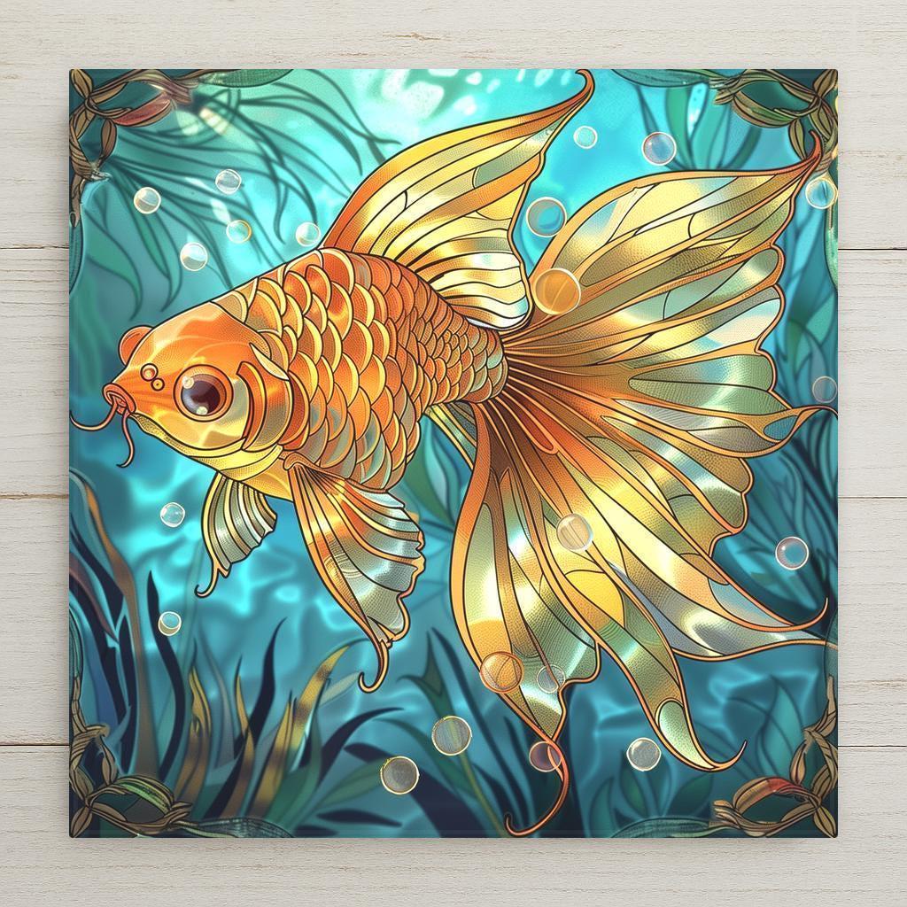 This goldfish tile looks like stained glass, but is a vibrant printed design on ceramic. Great for aquatic, spa, or boho decor. Optional cork backing, wall hanger, and stand available.