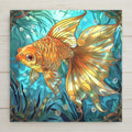This goldfish tile looks like stained glass, but is a vibrant printed design on ceramic. Great for aquatic, spa, or boho decor. Optional cork backing, wall hanger, and stand available.
