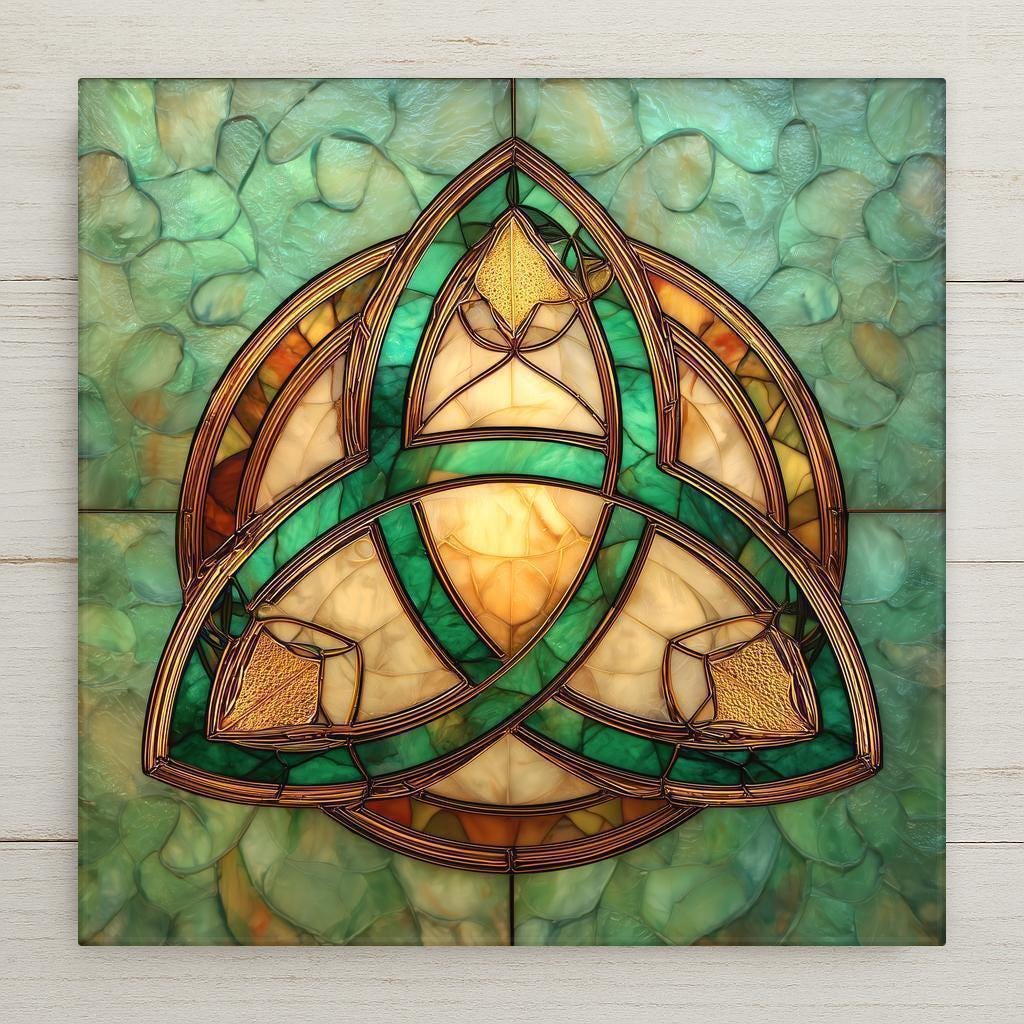 Celtic Trinity Knot ceramic tile wall art featuring a luminous stained glass-style triquetra in emerald green, cream, and gold tones. Symbolic wall decor representing unity, balance, and eternity. Printed artwork on ceramic tile (not real stained glass). Optional tile wall hanger, easel tile stand, cork backing, and premium frame available for wall or tabletop display.