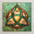 Celtic Trinity Knot ceramic tile wall art featuring a luminous stained glass-style triquetra in emerald green, cream, and gold tones. Symbolic wall decor representing unity, balance, and eternity. Printed artwork on ceramic tile (not real stained glass). Optional tile wall hanger, easel tile stand, cork backing, and premium frame available for wall or tabletop display.