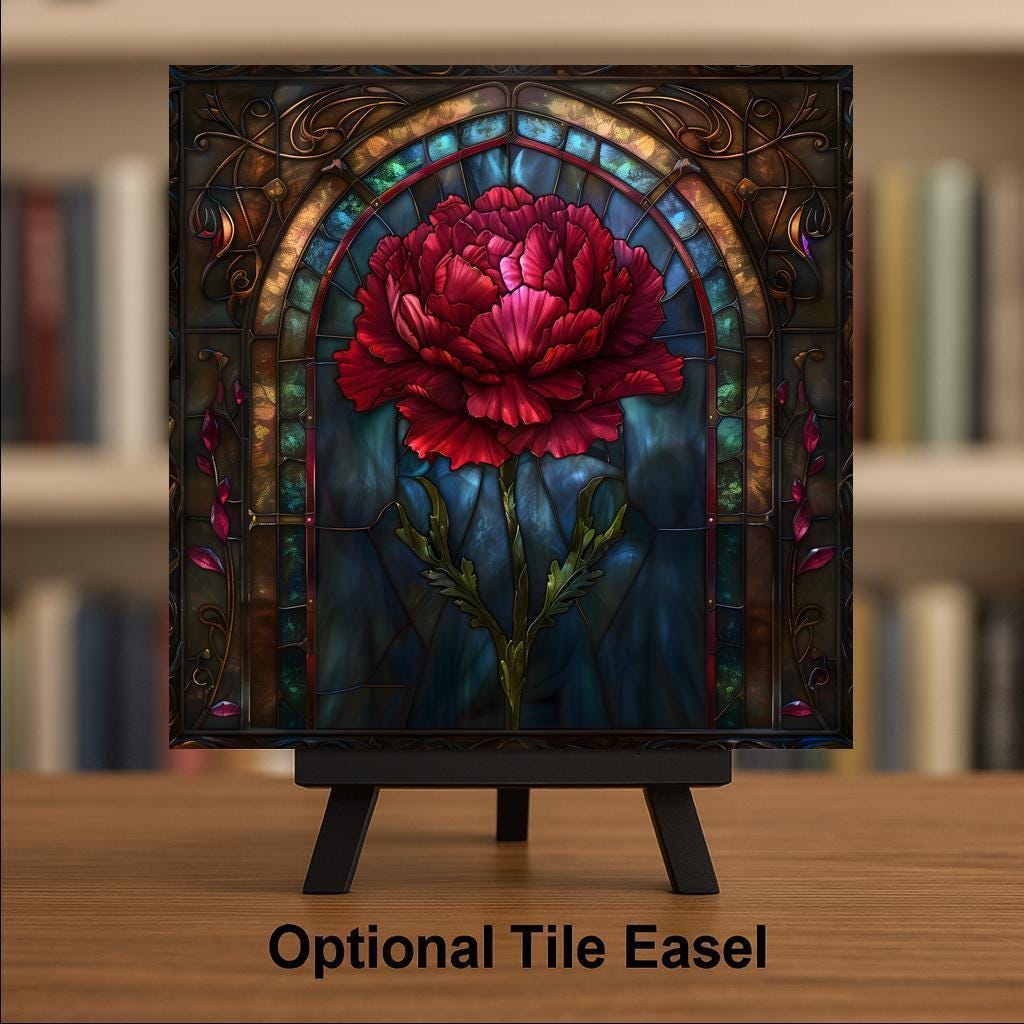 Red Carnation Wall Art Ceramic Tile Stained Glass Style Gothic Floral Decor Dramatic Botanical Home Gift Tile