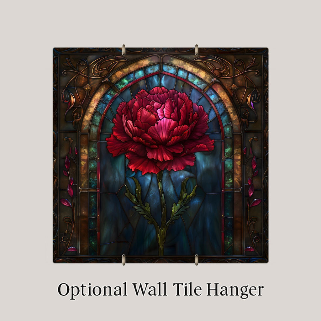 Red Carnation Wall Art Ceramic Tile Stained Glass Style Gothic Floral Decor Dramatic Botanical Home Gift Tile