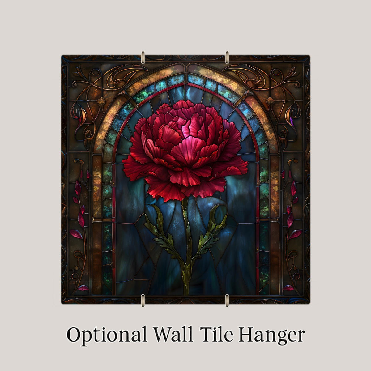Red Carnation Wall Art Ceramic Tile Stained Glass Style Gothic Floral Decor Dramatic Botanical Home Gift Tile