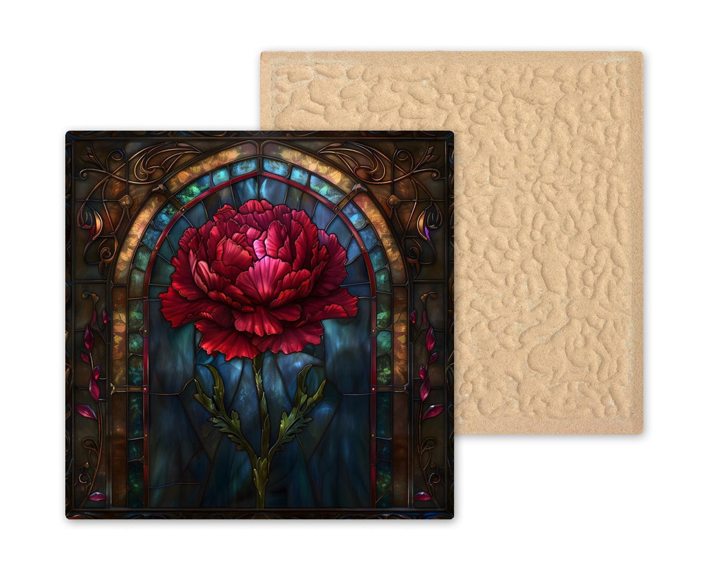 Red Carnation Wall Art Ceramic Tile Stained Glass Style Gothic Floral Decor Dramatic Botanical Home Gift Tile