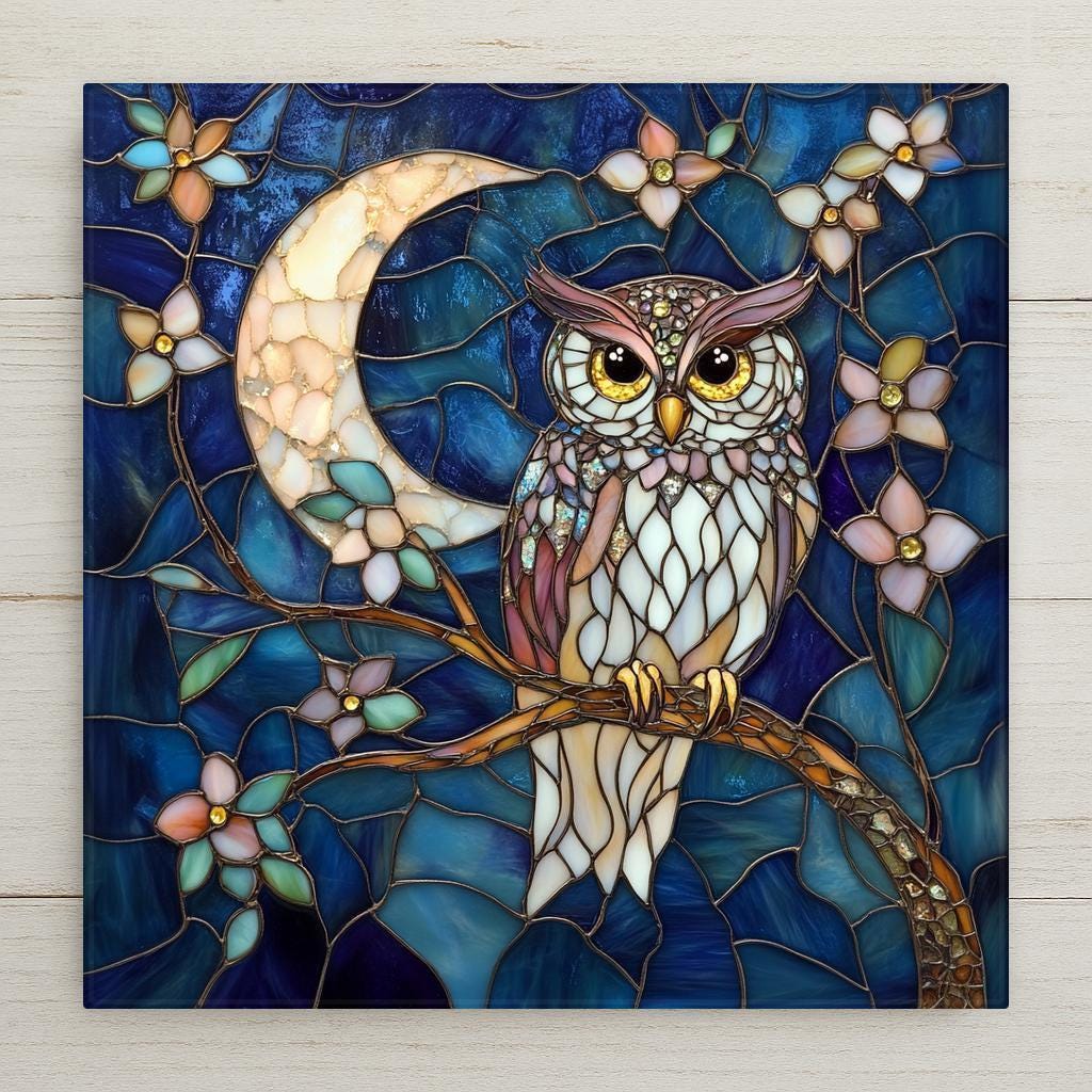 This ceramic tile features a glowing owl under a crescent moon in a stained glass-inspired design. Ideal as spiritual, cottagecore, or owl décor. Use as wall art or shelf accent. Optional tile wall hanger, cork backing, or stand available.