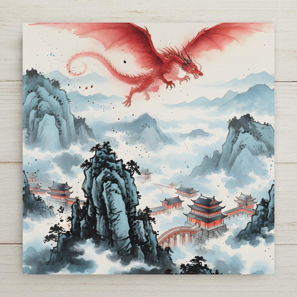 Red Chinese dragon flying above misty mountains and pagoda temples in a traditional Asian ink landscape style painting with clouds and distant peaks.