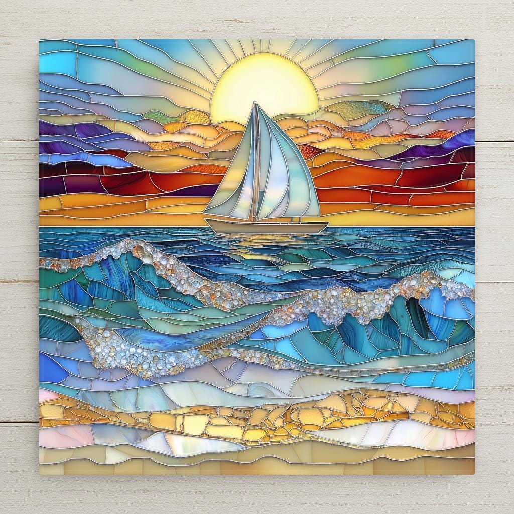 Sailboat ceramic tile art featuring a golden sunset and bold blue ocean waves in a stained glass style. Optional cork backing, tile stand, and wall hanger. Great for coastal decor or nautical gifts.
