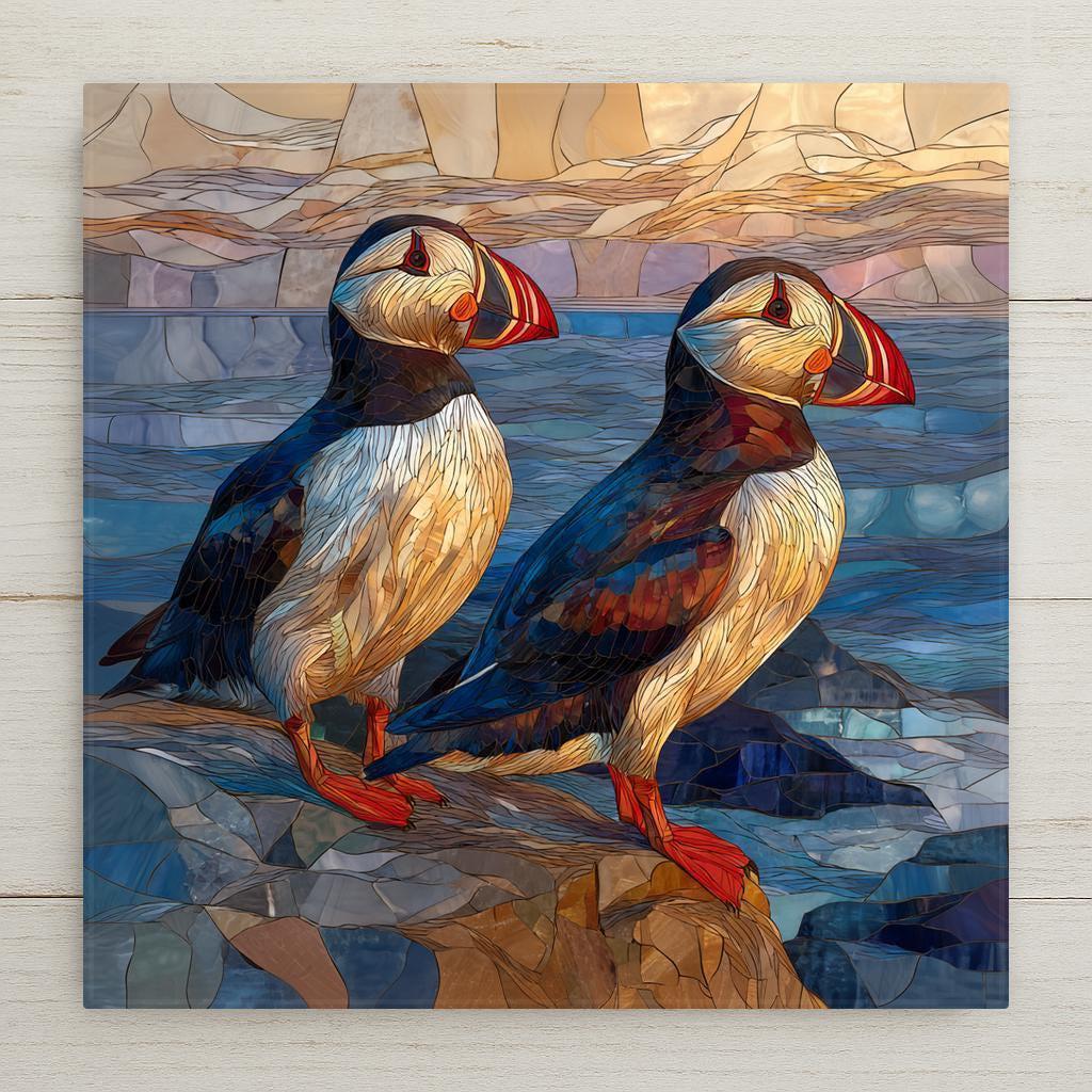 Puffin pair ceramic tile wall art featuring two puffins standing together along a rocky coastal shoreline. Stylized stained glass–inspired artwork symbolizing love, bonding, and partnership. This is a flat, permanent print on ceramic tile, not real stained glass or mosaic. Ideal as an anniversary gift for couples, wedding decor, or meaningful coastal home decor. Optional wall hanger, easel stand, cork backing, and premium frame available.