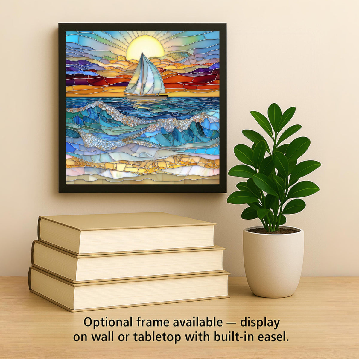 Sailboat Sunset Wall Art Ceramic Tile Stained Glass Style Coastal Nature Gift Nautical Ocean Decor Art