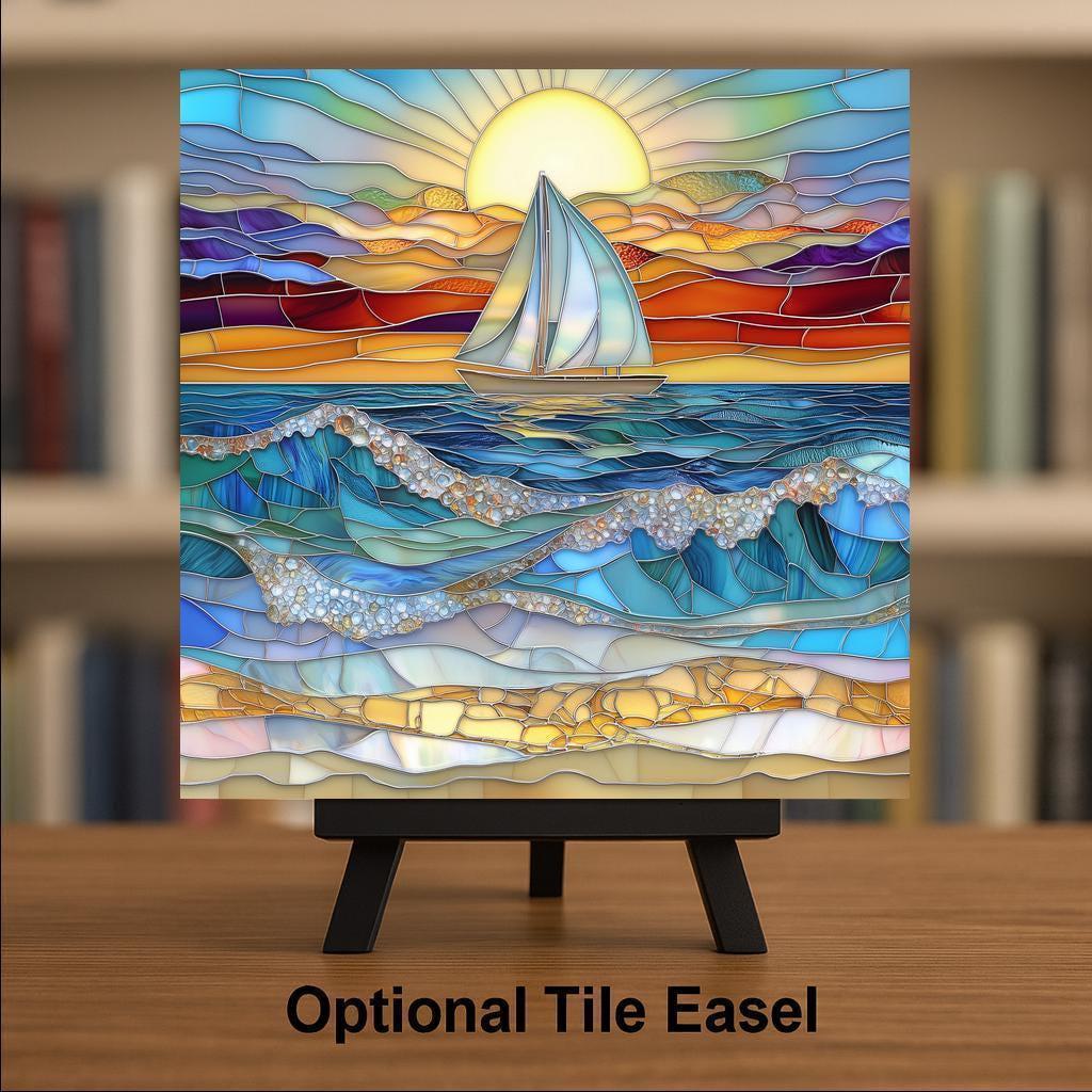 Sailboat Sunset Wall Art Ceramic Tile Stained Glass Style Coastal Nature Gift Nautical Ocean Decor Art