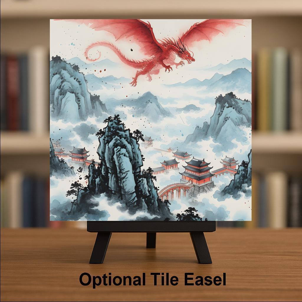 Chinese Dragon Wall Art Ceramic Tile – Asian Dragon Decor – Japanese Ink Style Dragon Art – Decorative Wall Tile – Asian Home Decor