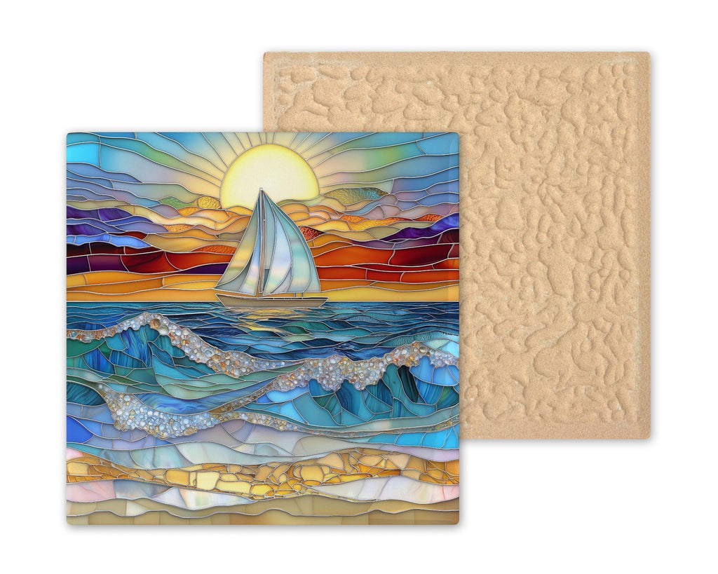 Sailboat Sunset Wall Art Ceramic Tile Stained Glass Style Coastal Nature Gift Nautical Ocean Decor Art