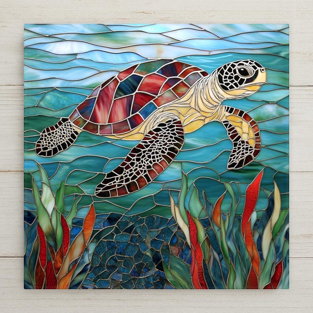Sea turtle ceramic tile in ocean-stained glass style home decor. Rich blues, reds, and greens evoke coastal calm. A handmade beach house wall art gift.