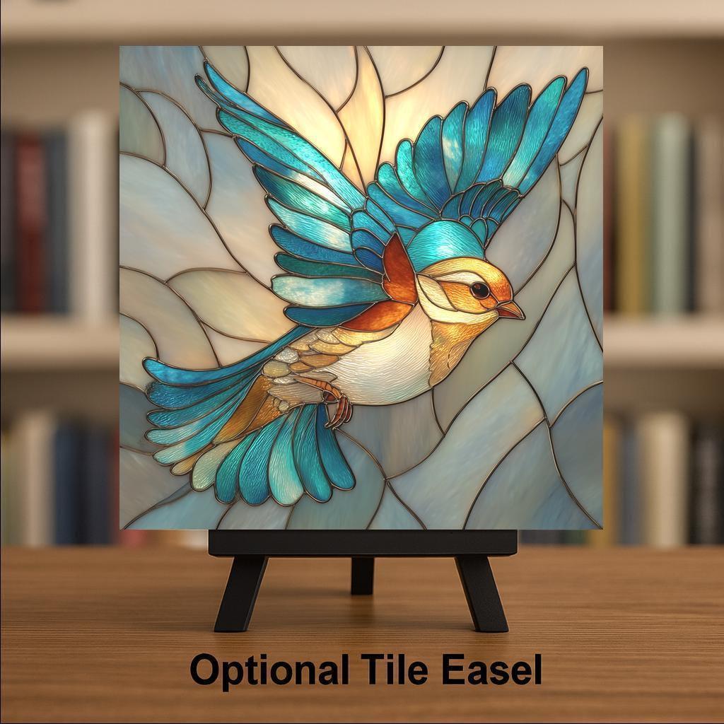 Blue Songbird Stained Glass Style Ceramic Art Tile – Teal Bird Wall Decor, Nature Bird Lover Accent