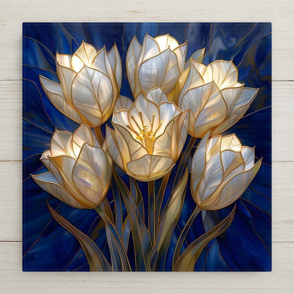 White tulip bouquet with gold detailing against a deep blue stained glass background, elegant ceramic tile wall art.