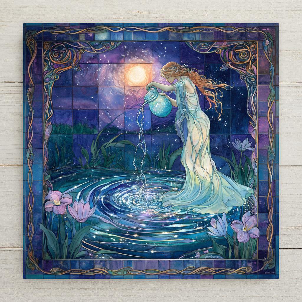 Celebrate Aquarius with this celestial stained glass-style ceramic tile. Featuring the water bearer beneath a glowing moon, it's ideal zodiac decor or a birthday gift for astrology lovers. Great for spiritual spaces or boho home decor.