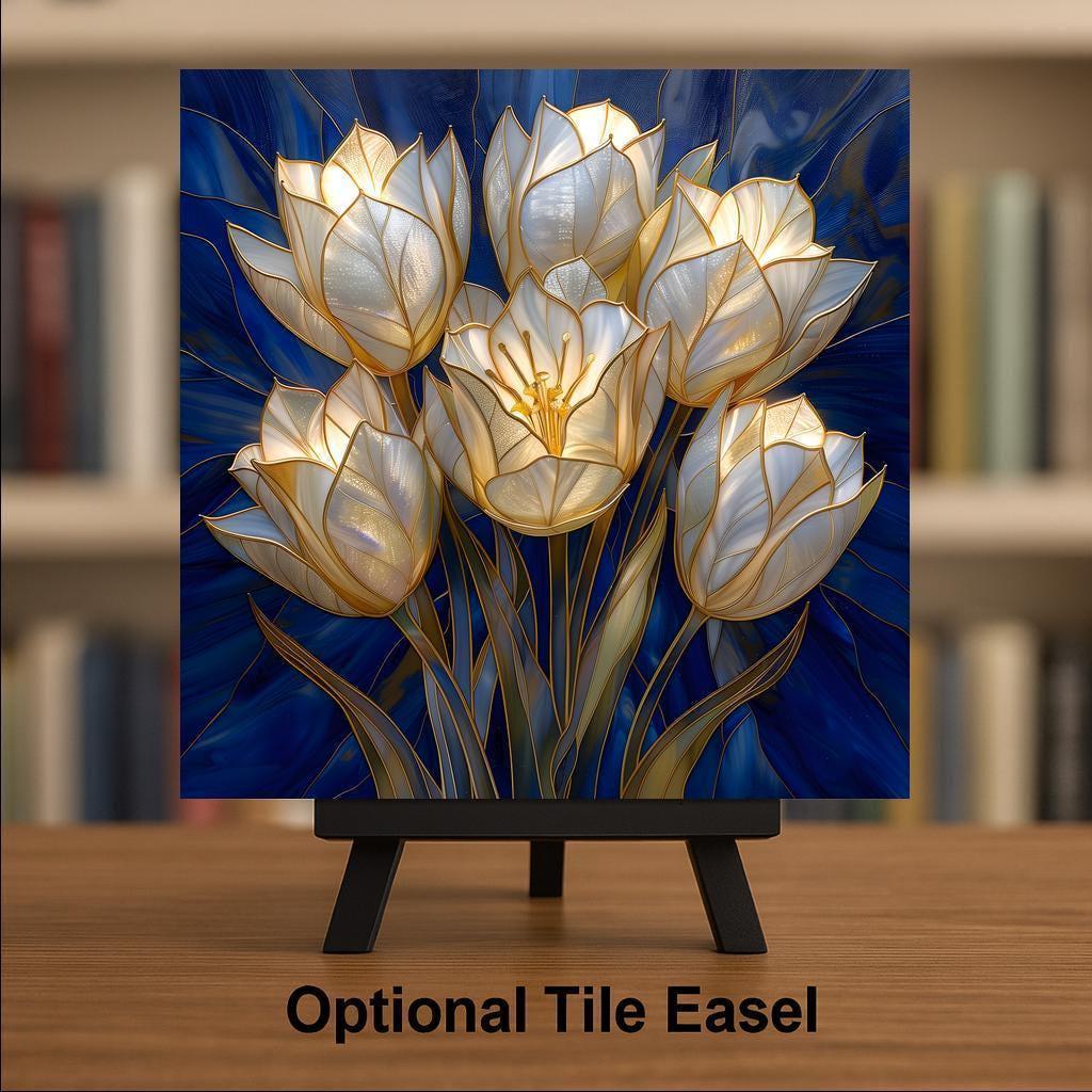 White Tulip Wall Art Ceramic Tile Stained Glass Style Floral Decor Elegant Botanical Home Gift Tile