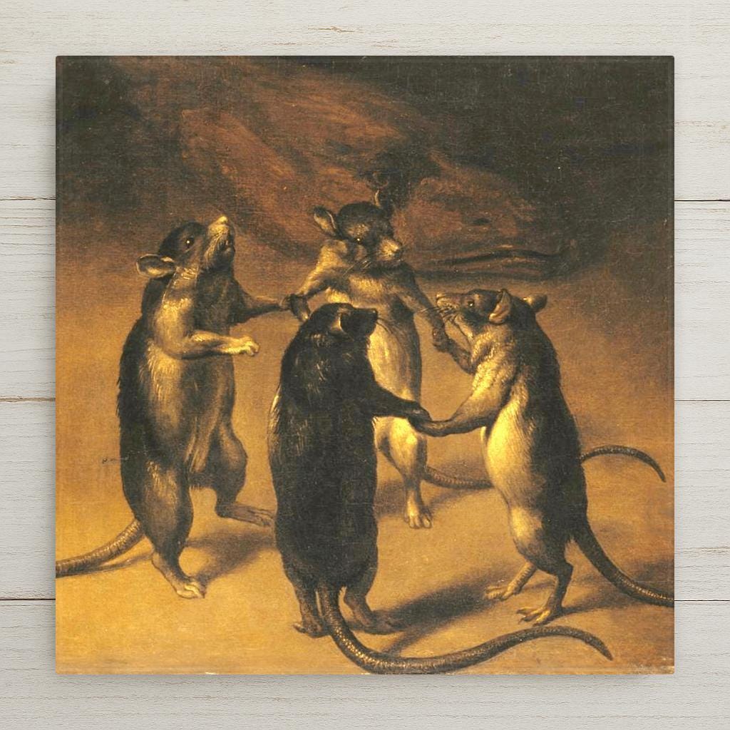 Vintage ceramic tile featuring dancing rats from Ferdinand van Kessel’s 1690 artwork. Perfect for castlecore, gothic, or quirky wall décor.