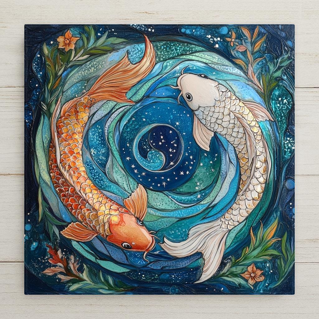 Pisces tile with koi fish in a cosmic yin-yang swirl. Stained glass style zodiac wall art. Perfect for birthdays, altars, or celestial decor.