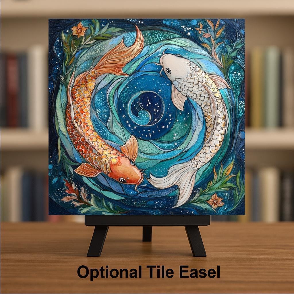 Pisces Wall Art Ceramic Tile Stained Glass Style Zodiac Gift Koi Fish Decor Birthday Nature Yin Yang