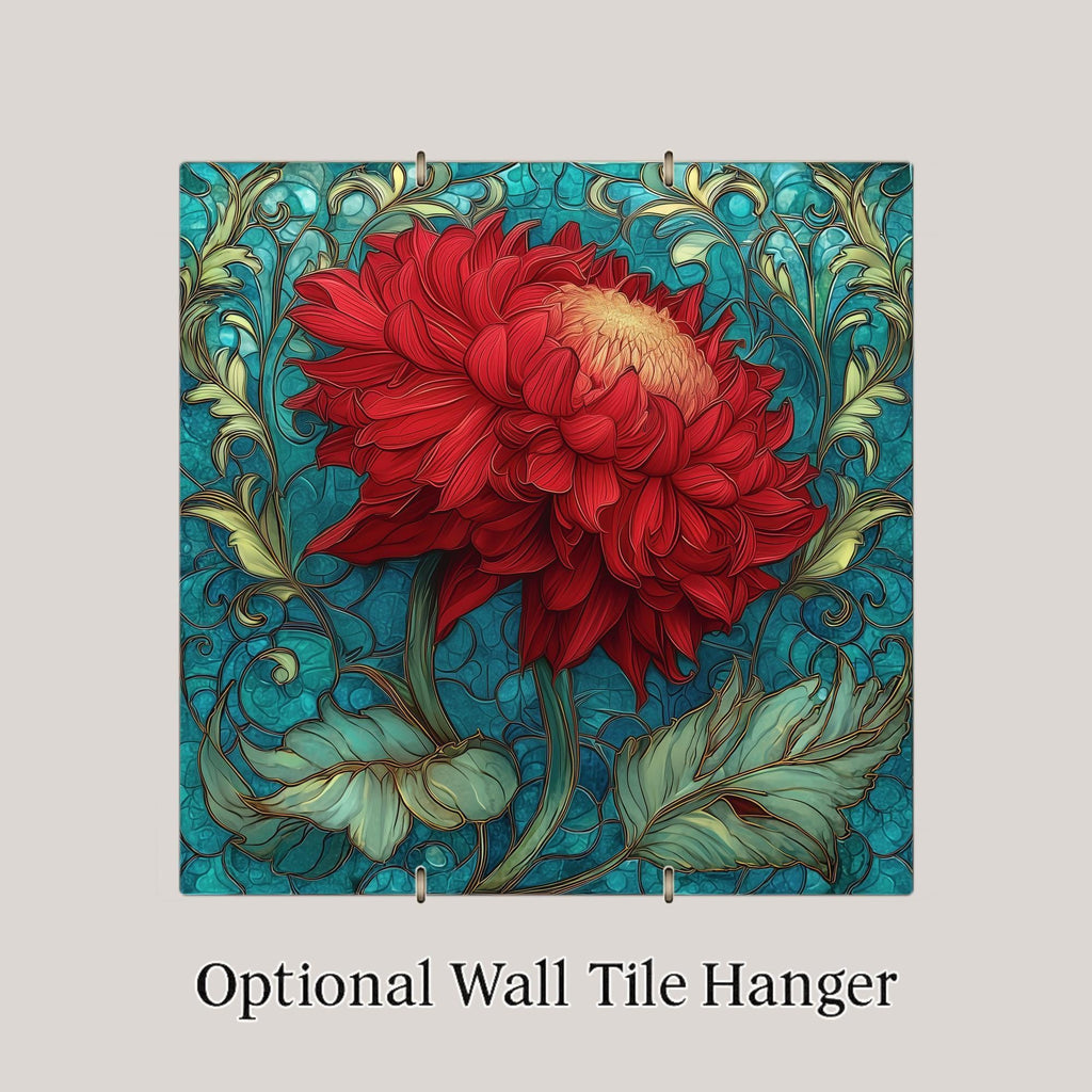 Red Dahlia Stained Glass Style Ceramic Art Tile – Art Nouveau Teal Wall Decor, Bold Botanical Accent