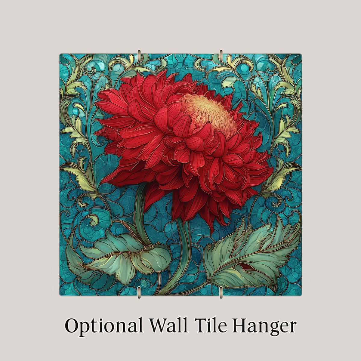 Red Dahlia Stained Glass Style Ceramic Art Tile – Art Nouveau Teal Wall Decor, Bold Botanical Accent