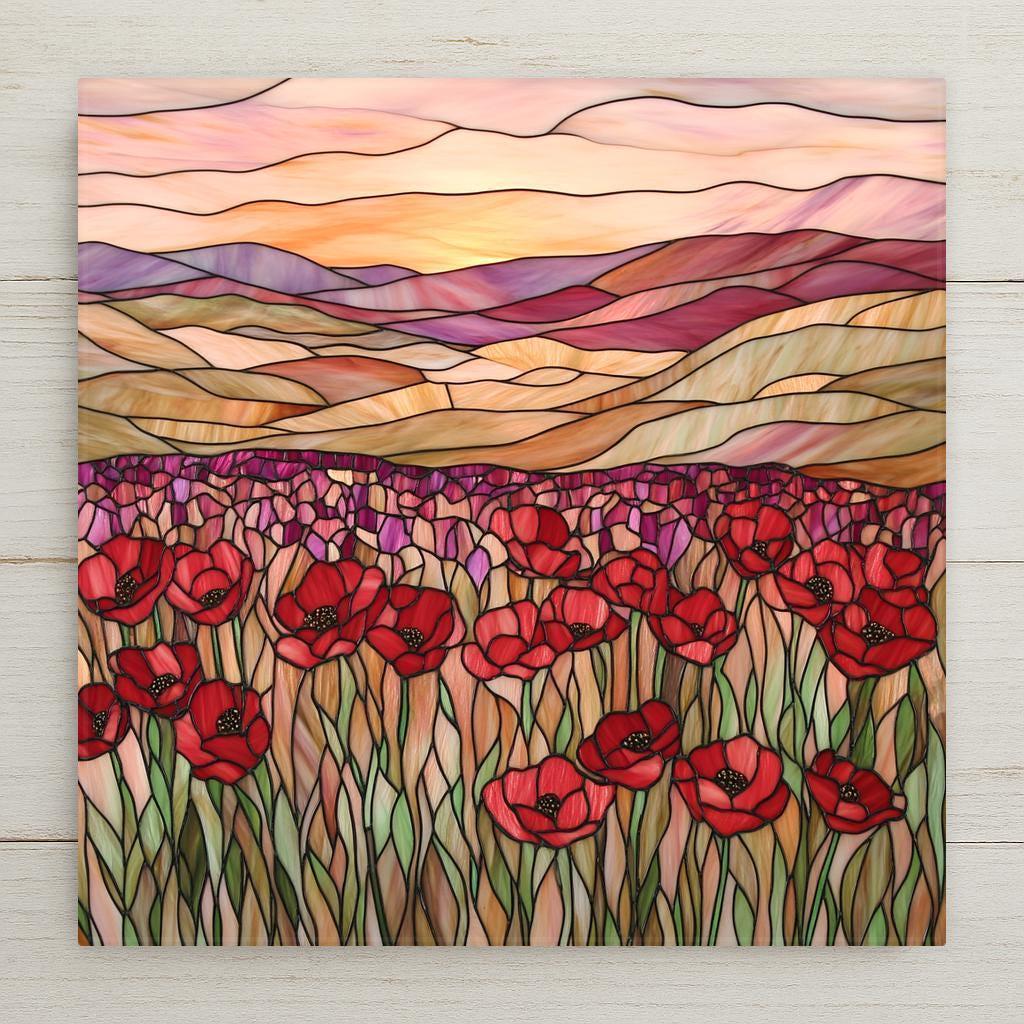This stained-glass-inspired ceramic tile captures a glowing field of red poppies under a warm sunset sky. A perfect floral gift or wall accent.
